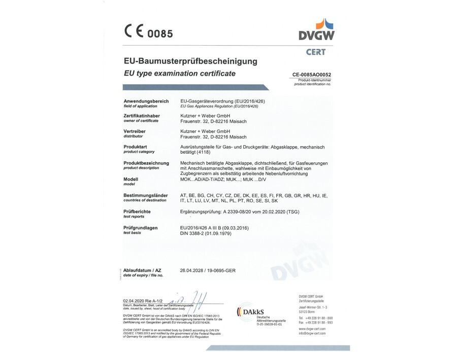 EU-Baumusterprüfbescheinigung für die motorischen Abgasklappen MOK…AD/AD-T; MUK…; MUK…D/V