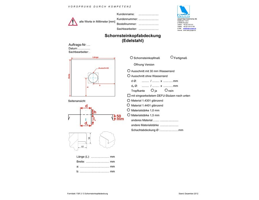 Bestellformular Schornsteinkopfabdeckung